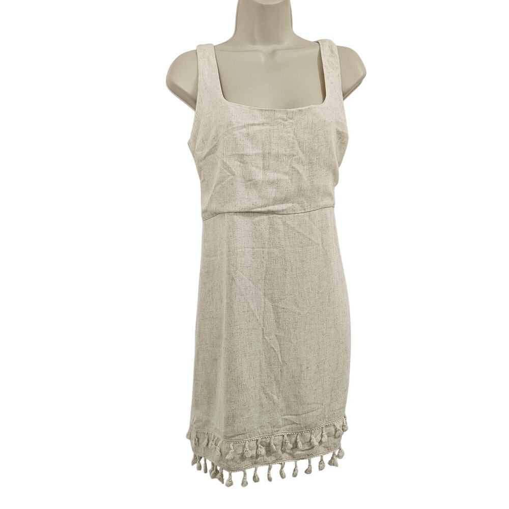 LULU'S Feel the Sunshine Light Beige Linen Tassel Mini Dress Size M